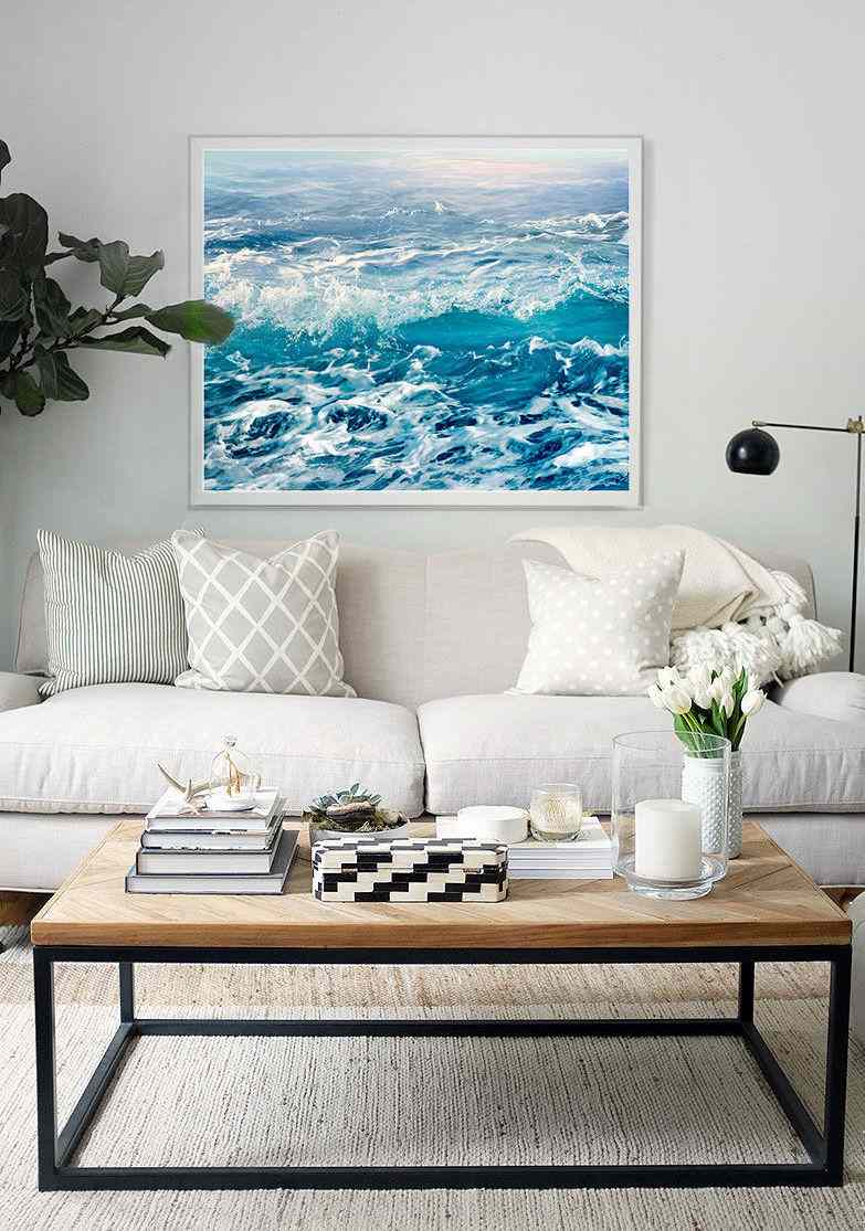 Murais para a sala de estar de acordo com o Feng Shui, mar movendo ondas de água