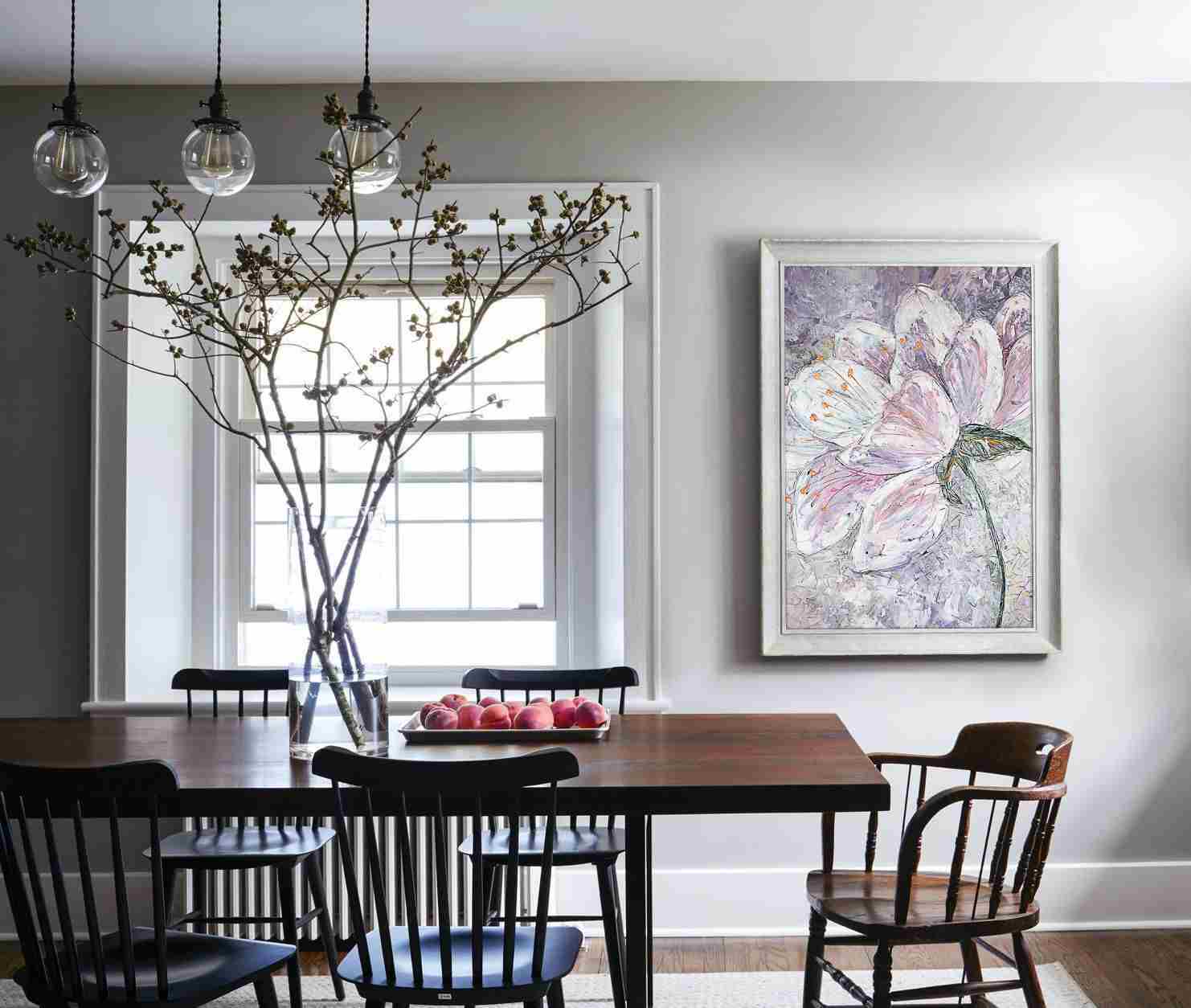 Pintura mural flor da sala de jantar mesa de jantar de madeira