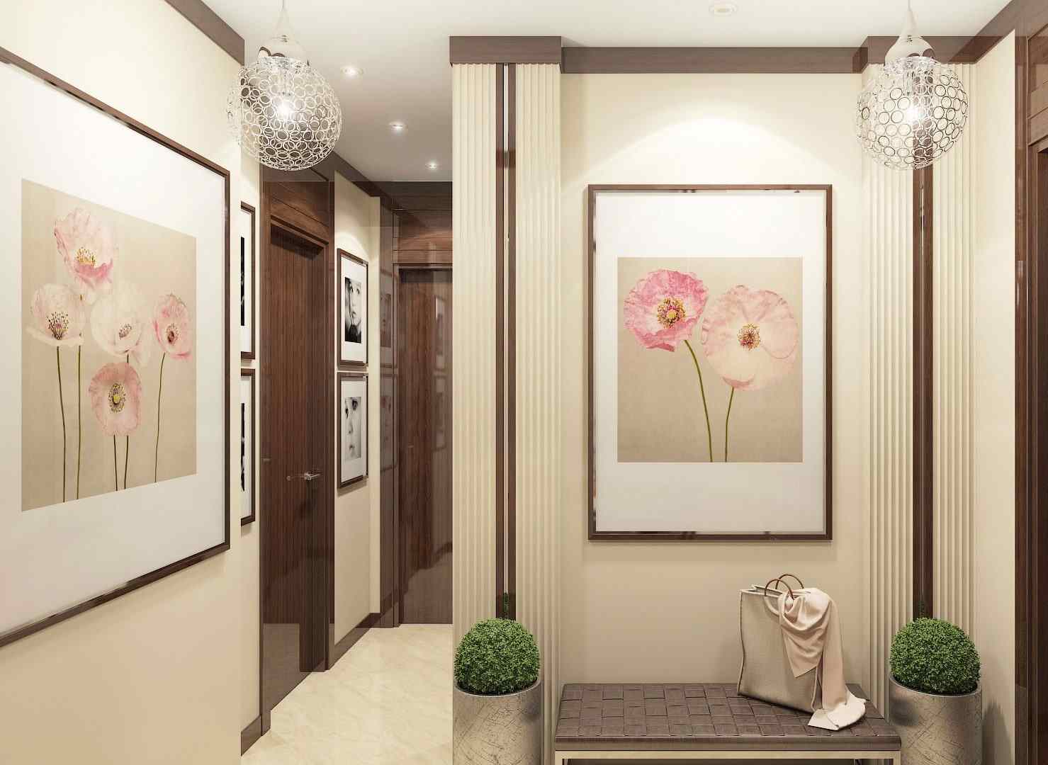 Decoração de corredor de grandes murais com flores delicadas