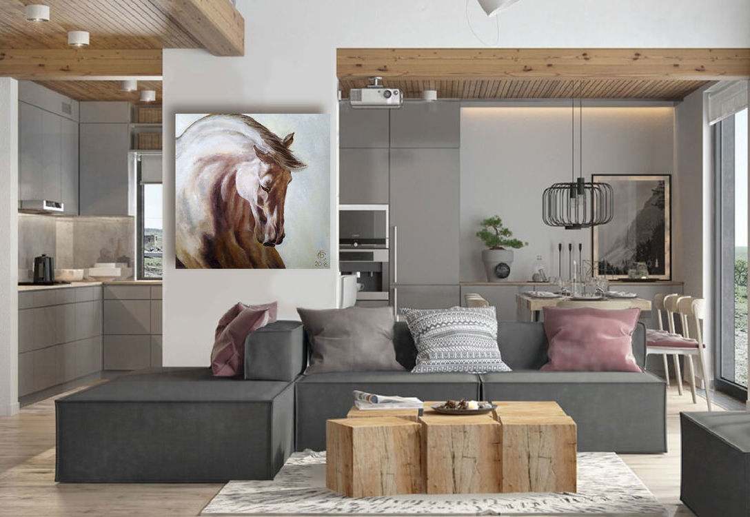 sala de estar aberta cozinha sofá cinza mural cavalo