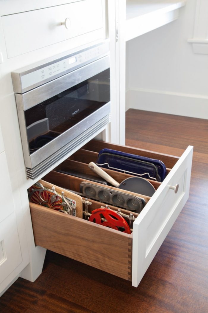 organização-ideias-cozinha-utensílios-armário-gaveta-eletrodomésticos embutidos espaço de armazenamento