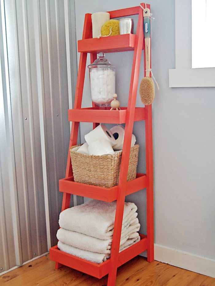 storage-space-home-ideas-wooden-ladder-shelving-system-red-painting