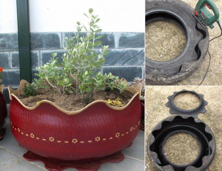 Plantadeira DIY feita de pneus reciclados com um padrão de ondas
