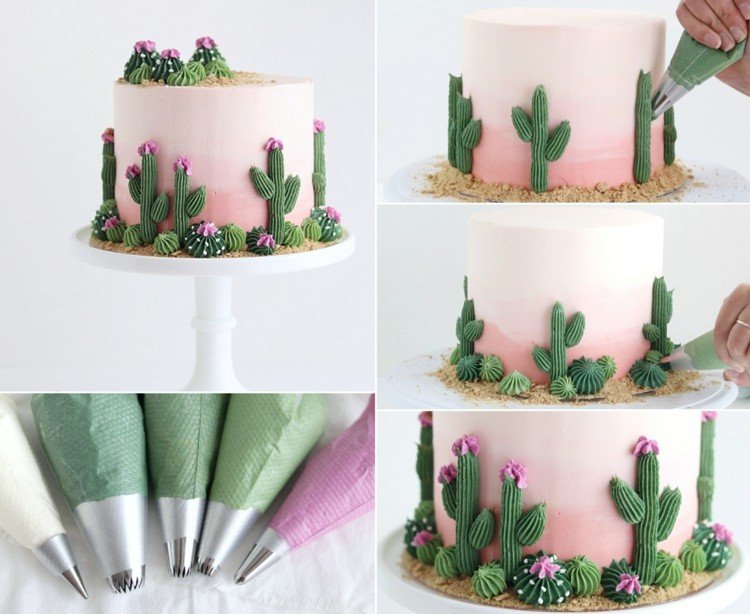 Decore bolos com sacos de confeitar - cactos com um bico estrela e areia de biscoitos esfarelados