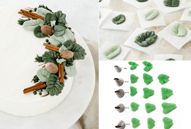 Decore bolos com folhas com sacos de confeitar - ideias com e sem bico de folha