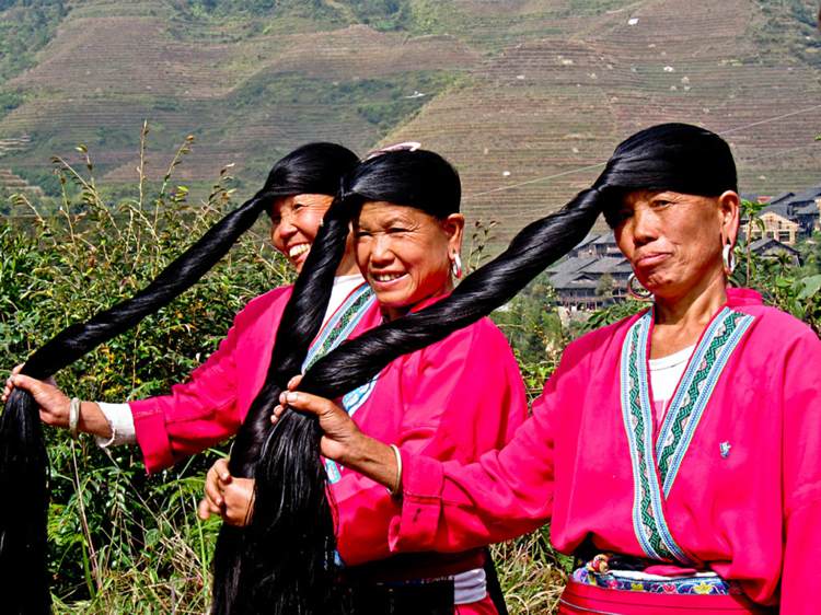 as mulheres yao da China lavam seus cabelos longos com água de arroz