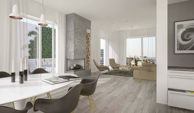 Cadeiras de piso, mesa, apartamento de cobertura, ideias de decoração para residências