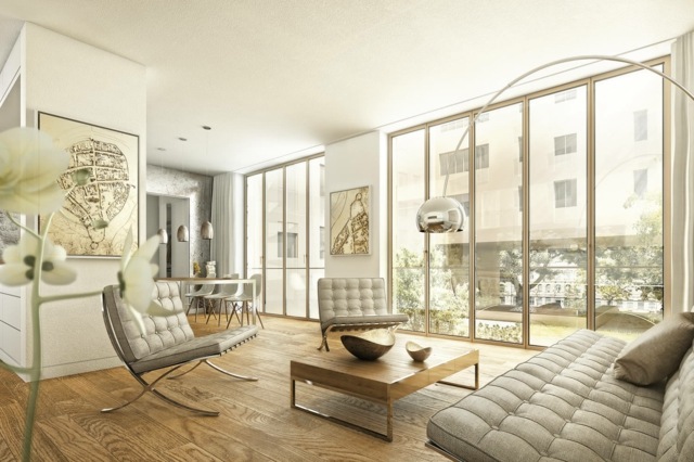 Apartamento piso, mesa de centro, móveis de couro, abajur de metal de dois lugares