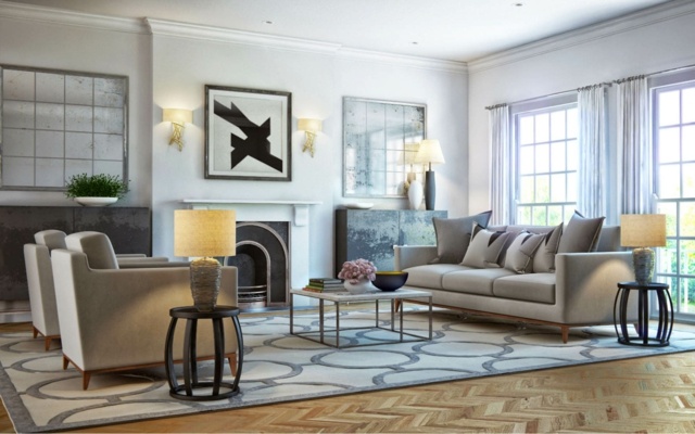 Sala de estar com mistura de estilos ingleses, interiores modernos ecléticos