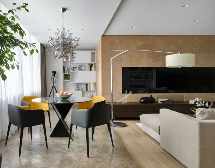 sala de jantar sala de estar design amarelo preto mesa lustre apartamento