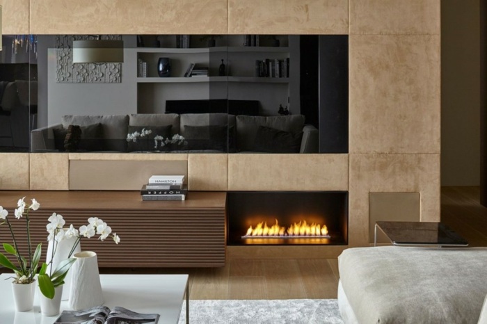 lareira sala de estar design de apartamento mesa de centro marrom