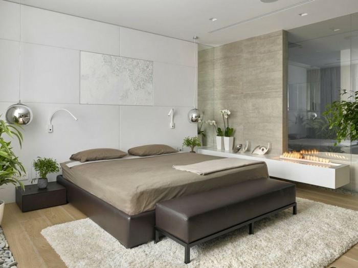 projeto do quarto mobília marrom cama carpete parede de azulejos de pedra