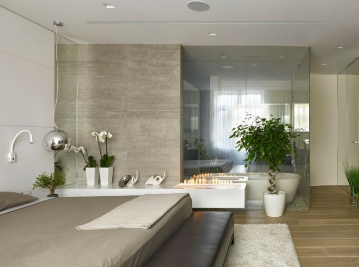 quarto banheiro parede de vidro ideia de design moderno aparador branco parquet