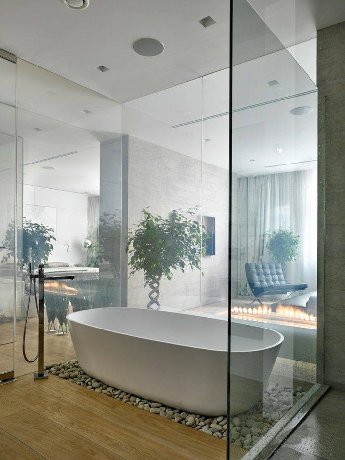 banheira independente design de seixos apartamento banheiro parede de vidro