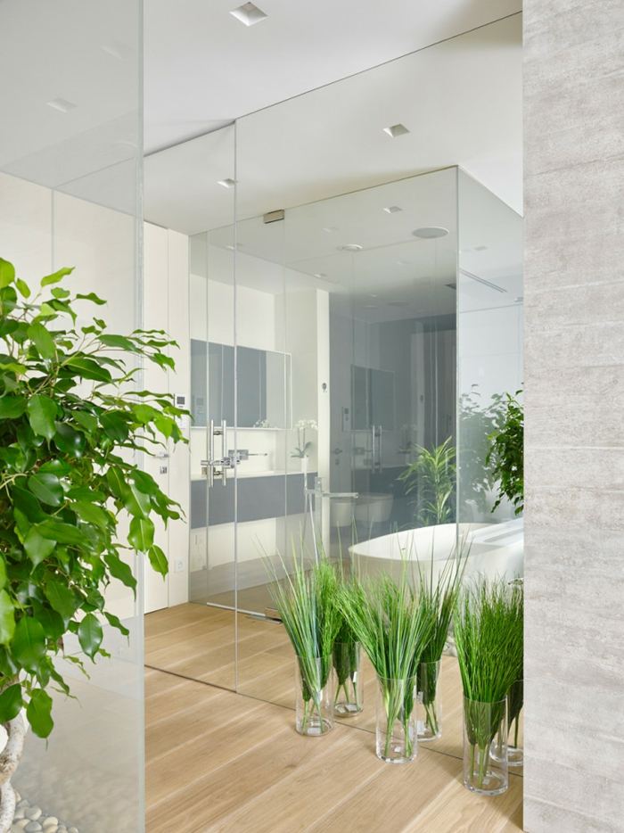 apartamento moderno projeto banheiro ideia plantas vasos painéis de vidro parquet