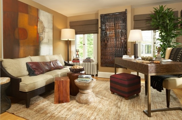 Ideias-para-sua-África-móveis-estilo colonial-bege-carpete-cores quentes