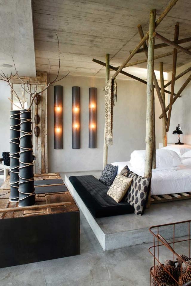 Apartamento-mobília-ideias-estilo-eclético-mix-padrão-áfrica-cama exótica