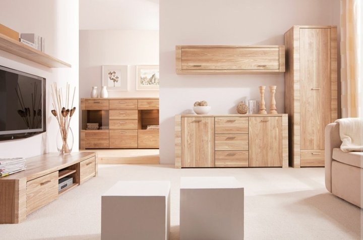 Unidade de parede com ideias de madeira real para sala de estar moderna