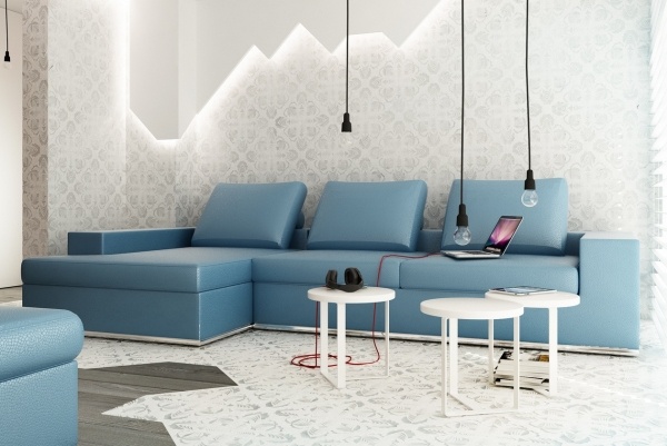 Papel de parede com ideias de decoração de parede azul em forma de L para sofá