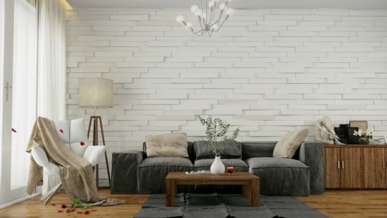 parede da sala de estar estilo country imitação de madeira sofá branco cinza-azulado