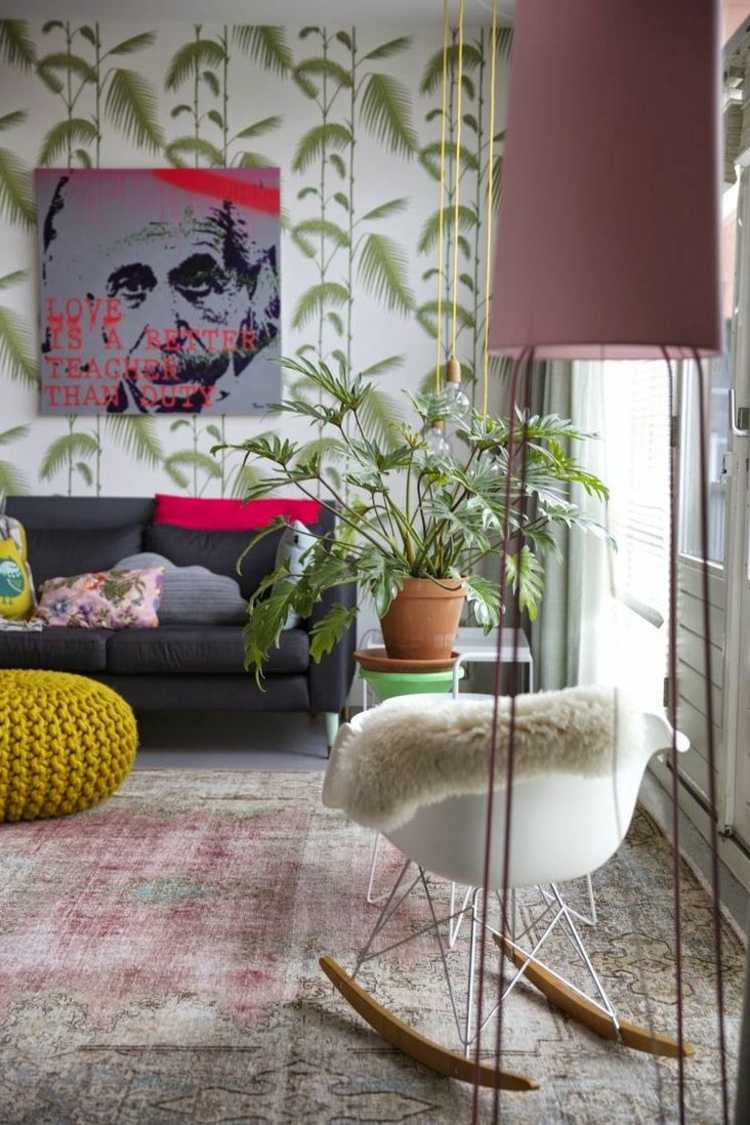 tapete de sala de estar kilim ideia usado look papel de parede cadeira de balanço lâmpada de assoalho