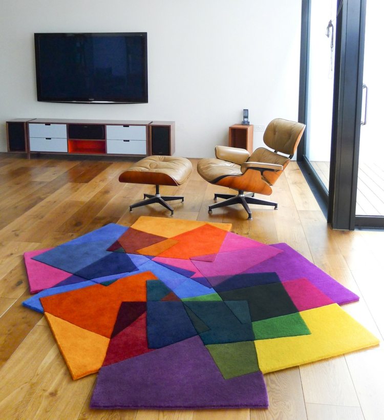 tapetes sala de estar cores coloridas brilhantes abstratos quadrados cacos efeito aparador