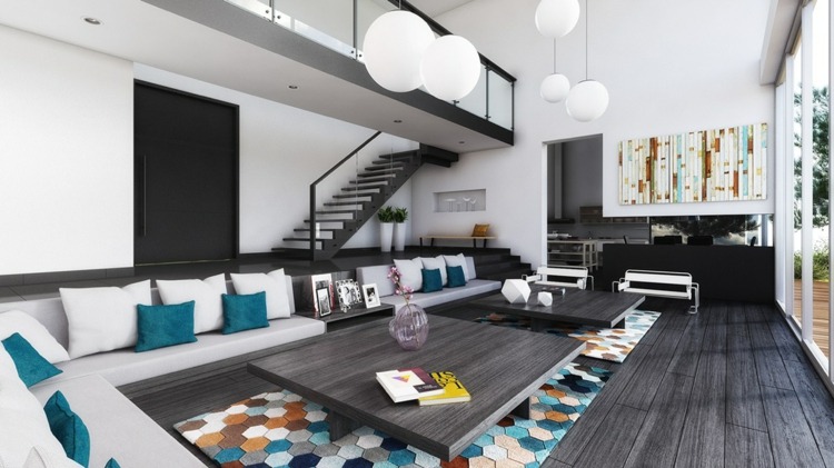 tapetes sala de estar com padrão de favo de mel colorido piso de madeira preta turquesa almofadas