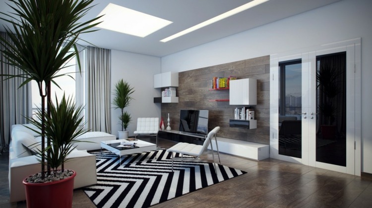 tapetes da sala de estar com design em zigue-zague unidade de parede preto e branco moderno lowboard