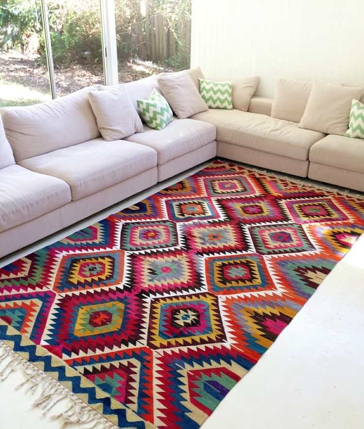 tapetes sala de estar kilim vintage asteca com franjas coloridas