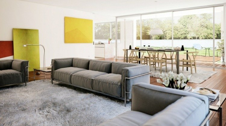 tapetes sala de estar elegante cinza claro parquete profundo, sala de jantar mural amarelo