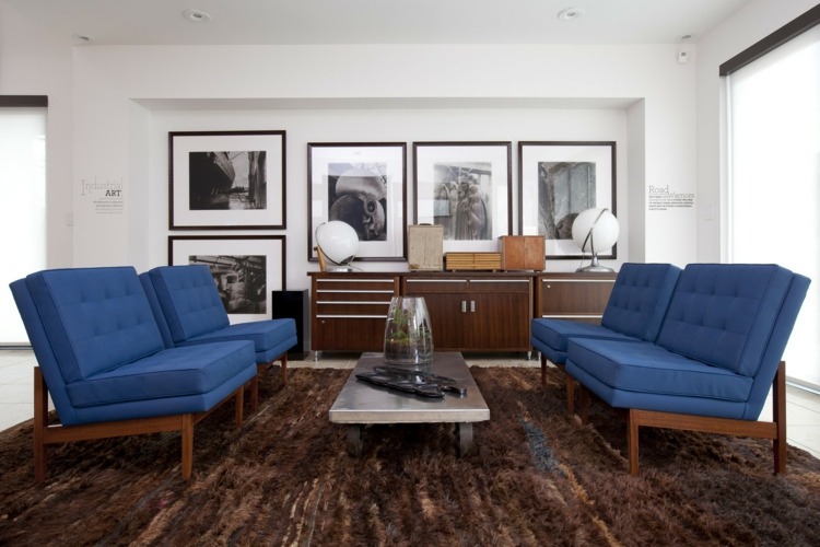 tapetes sala de estar marrom usado look interior moderno azul almofadas de assento