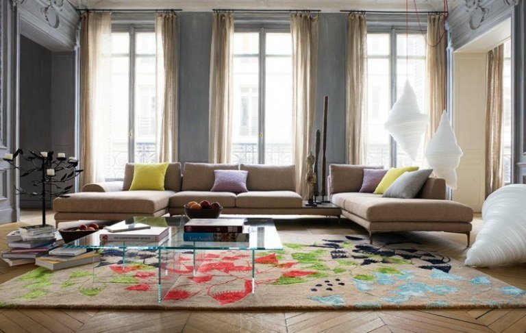 tapetes da sala bege cor básica padrão colorido padrão geométrico moderno sofá de canto