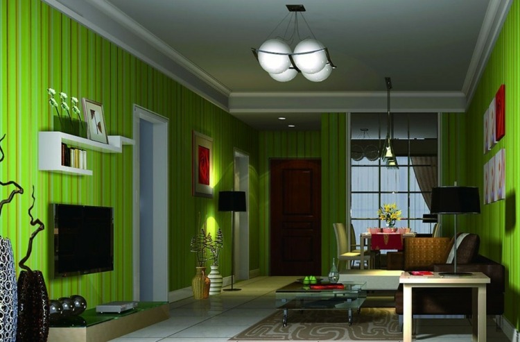 Papel de parede verde com listras na parede da sala de estar