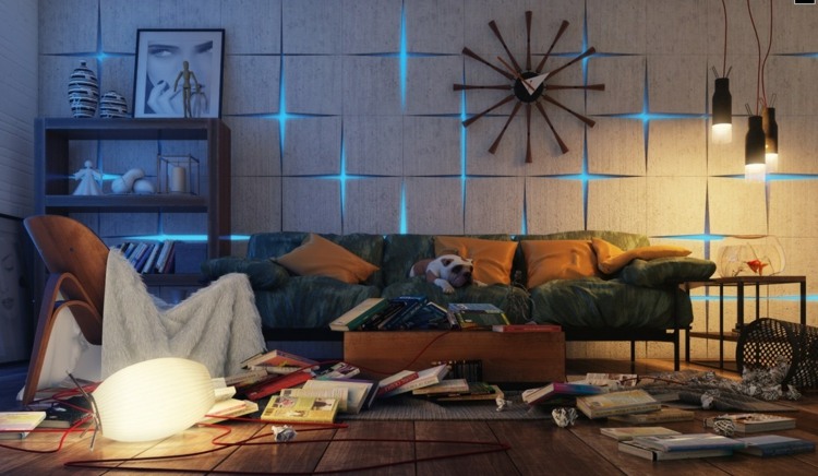 Sala de estar com design de parede com relógio e LED