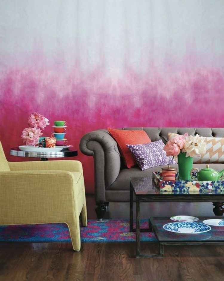 projeto da parede da sala de estar rosa romântico rosa vintage sofá cinza