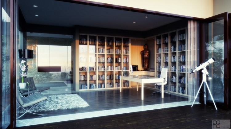 Design da sala do escritório em casa - ideias - estantes de livros - fachadas de vidro