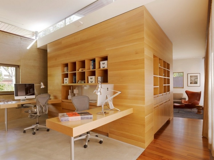 Projeto da sala do escritório em casa - ideias-revestimento de madeira-prateleiras de nicho