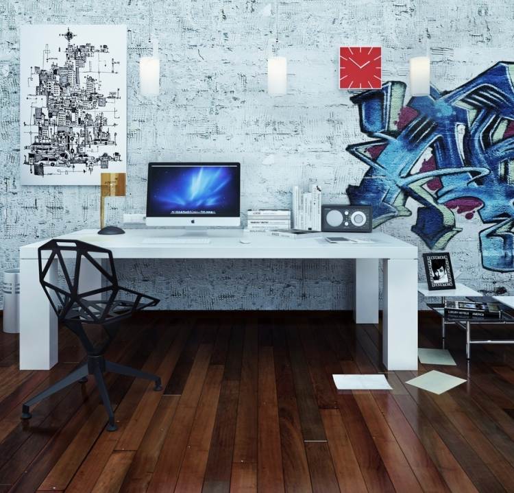 Design da sala do escritório em casa -ideen-pop-art-decoração de parede-tábua de chão