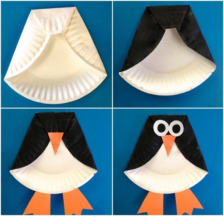 Pinguim mexer com crianças nas instruções do prato de papel