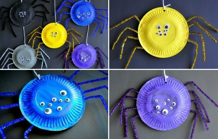 artesanato de halloween com crianças aranha-papel-prato-cachimbo-limpador-colorido