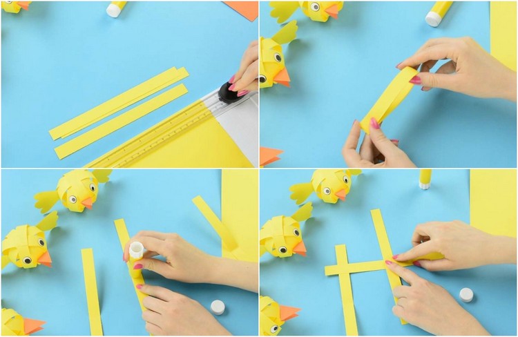 Pintinho fazendo tiras de Páscoa com instruções de papel