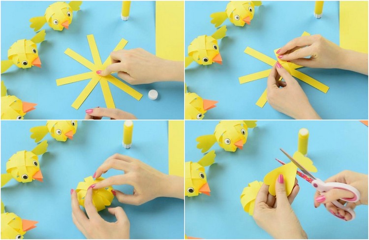 Pintinho da Páscoa mexendo em tiras de papel com etapas de instrução