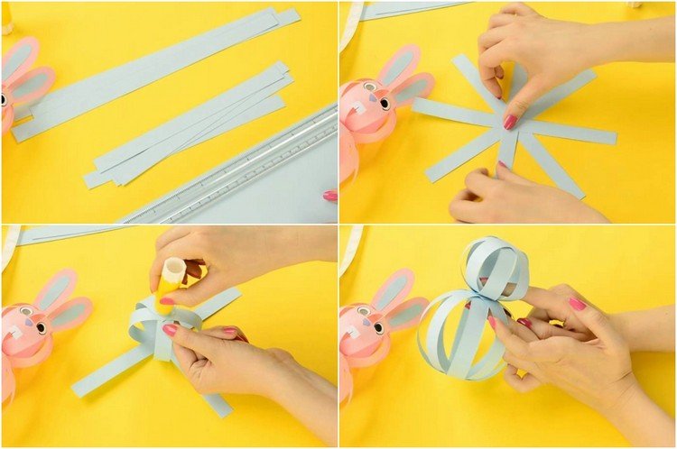 Passos de instruções de tiras de coelho de papel para mexer na Páscoa